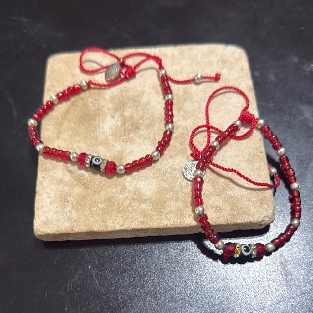 Red and Silver Beaded Bracelet Set